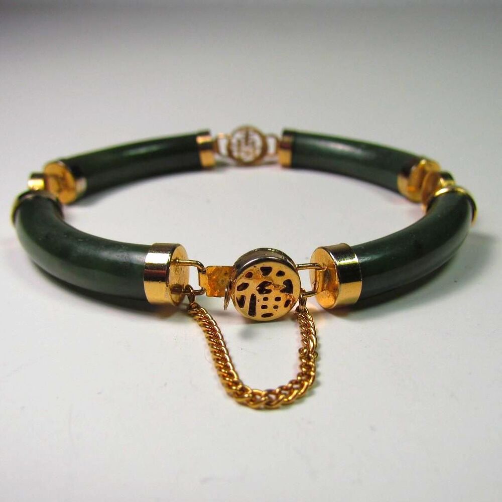 Vintage Jade and Golden Decorative Asian Style Accented Semi Bangle Bracelet
